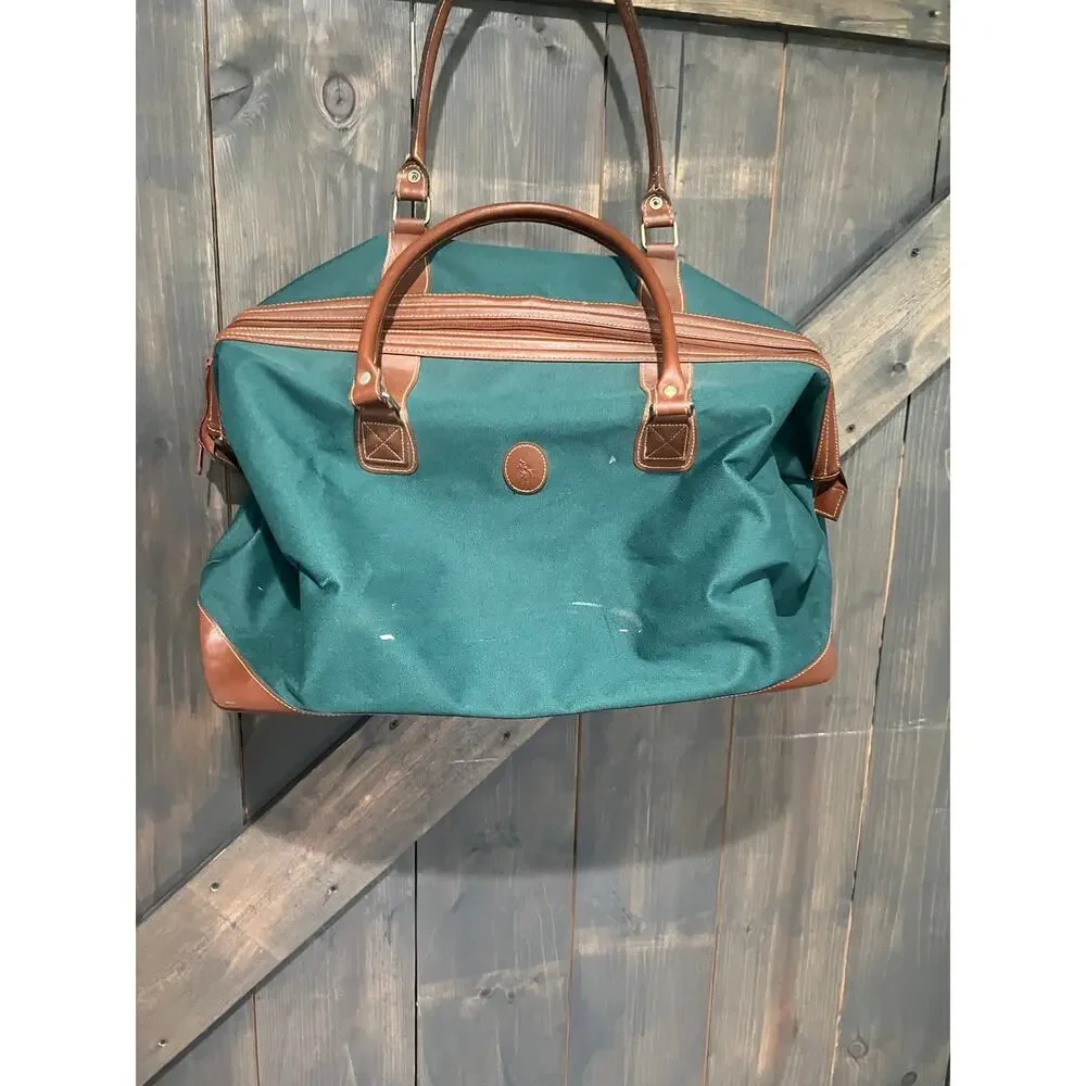 Vintage Polo Ralph Lauren Green Canvas and Leather Duffel Bag Retro Collectible